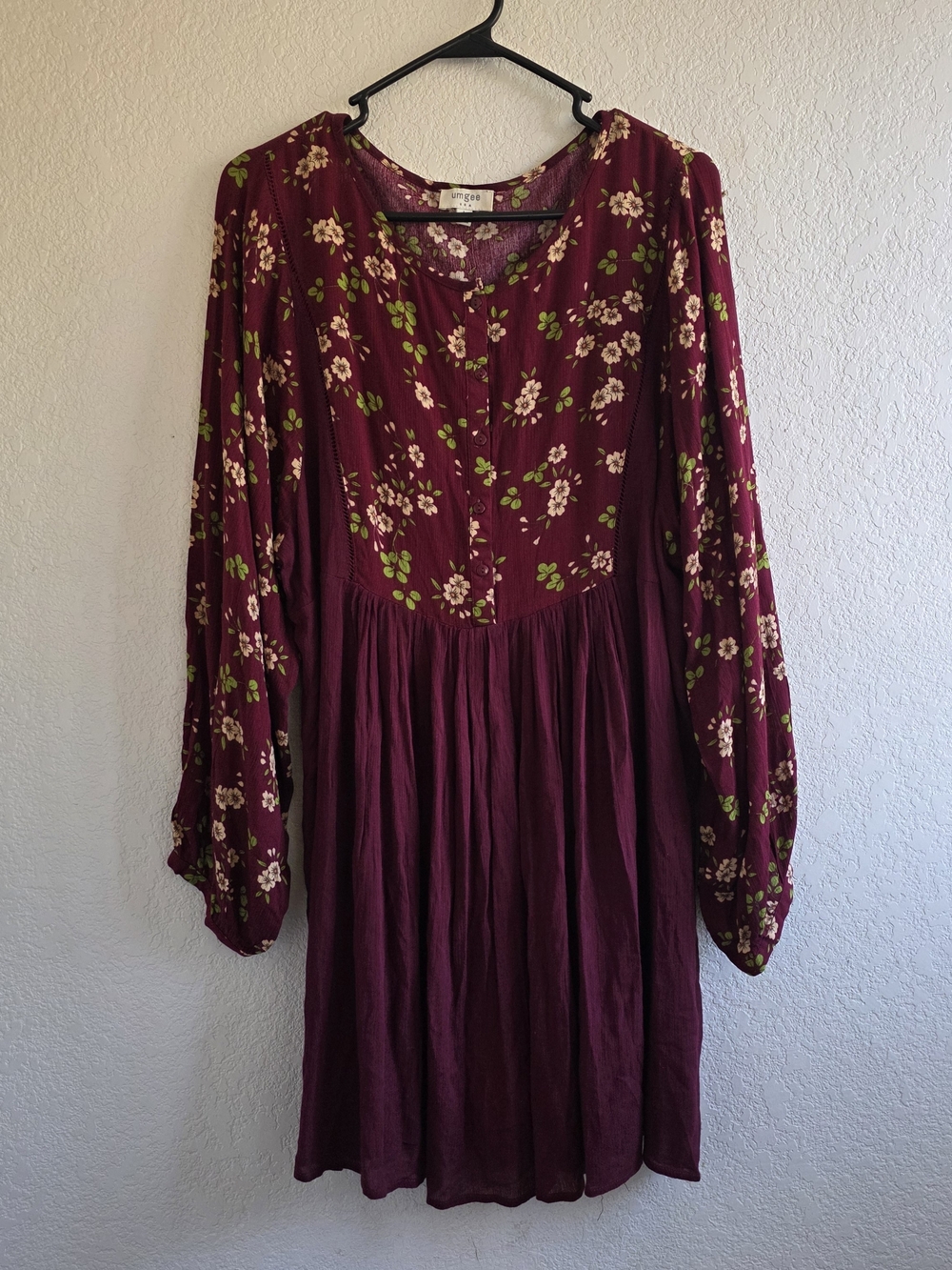 Umgee Burgundy Floral V-Neck Dress Large Hoho Prairie